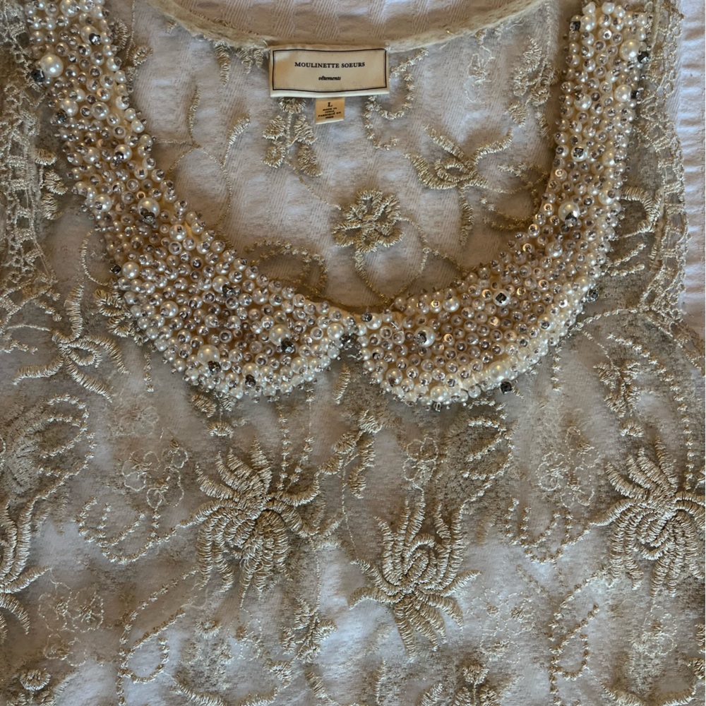 Anthropologie Moulinette Soeurs Gold Lace, Pearl and Rhinestone Top Large - Cute